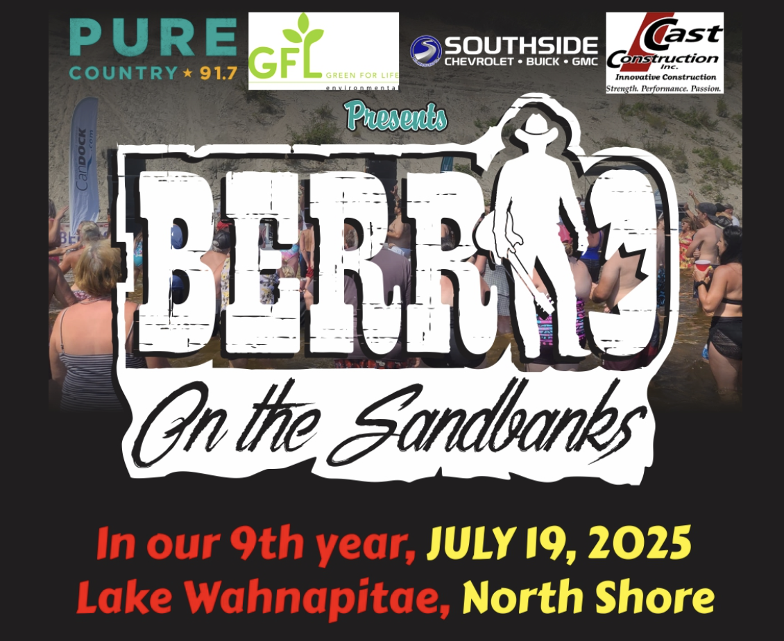 a poster for Berrio On the Sandbanks on July 19, 2025, showing concertgoers and a logo of the name "Berrio" with a silhouette of the cowboy-hatted musician holding a guitar. 