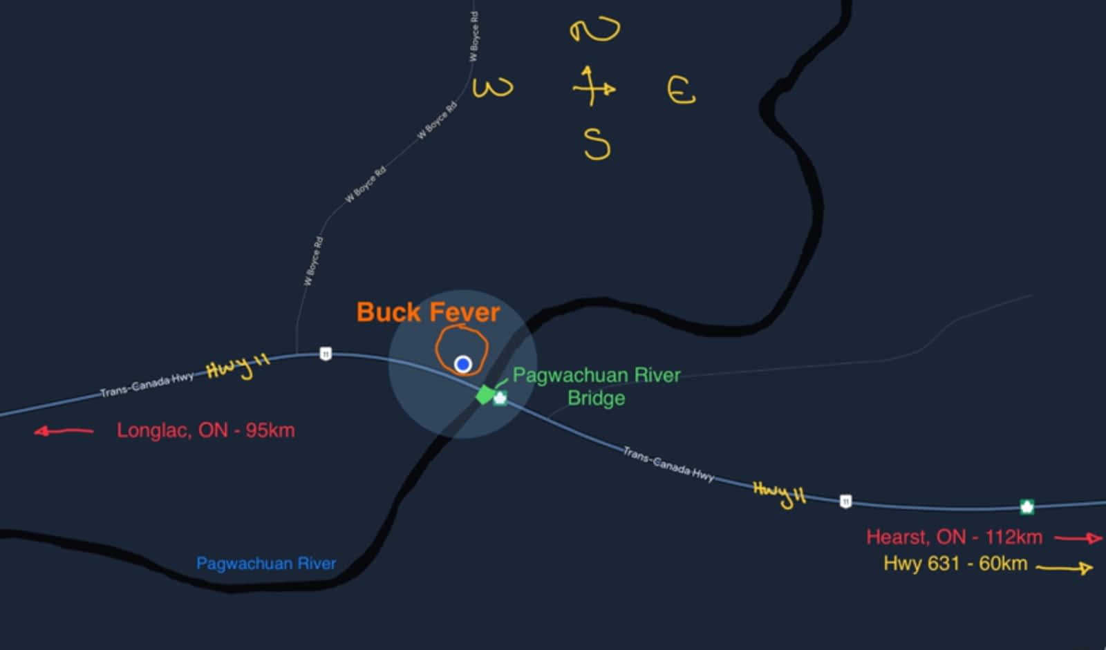 a map of the where Buck Fever Services sits along Highway 11, between Hearst and Longlac.