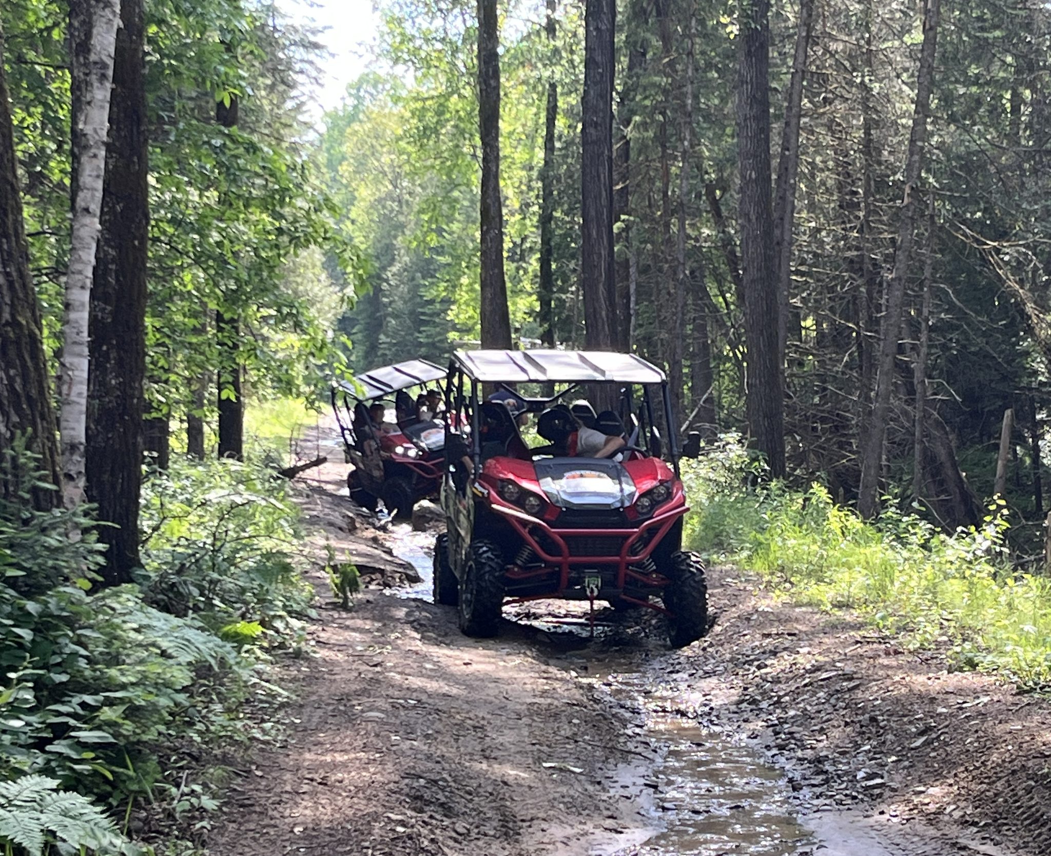 Two UTVs full of riders drive along a rocky forest trail with sun streaming through the thick trees. Water trickles across the trail.