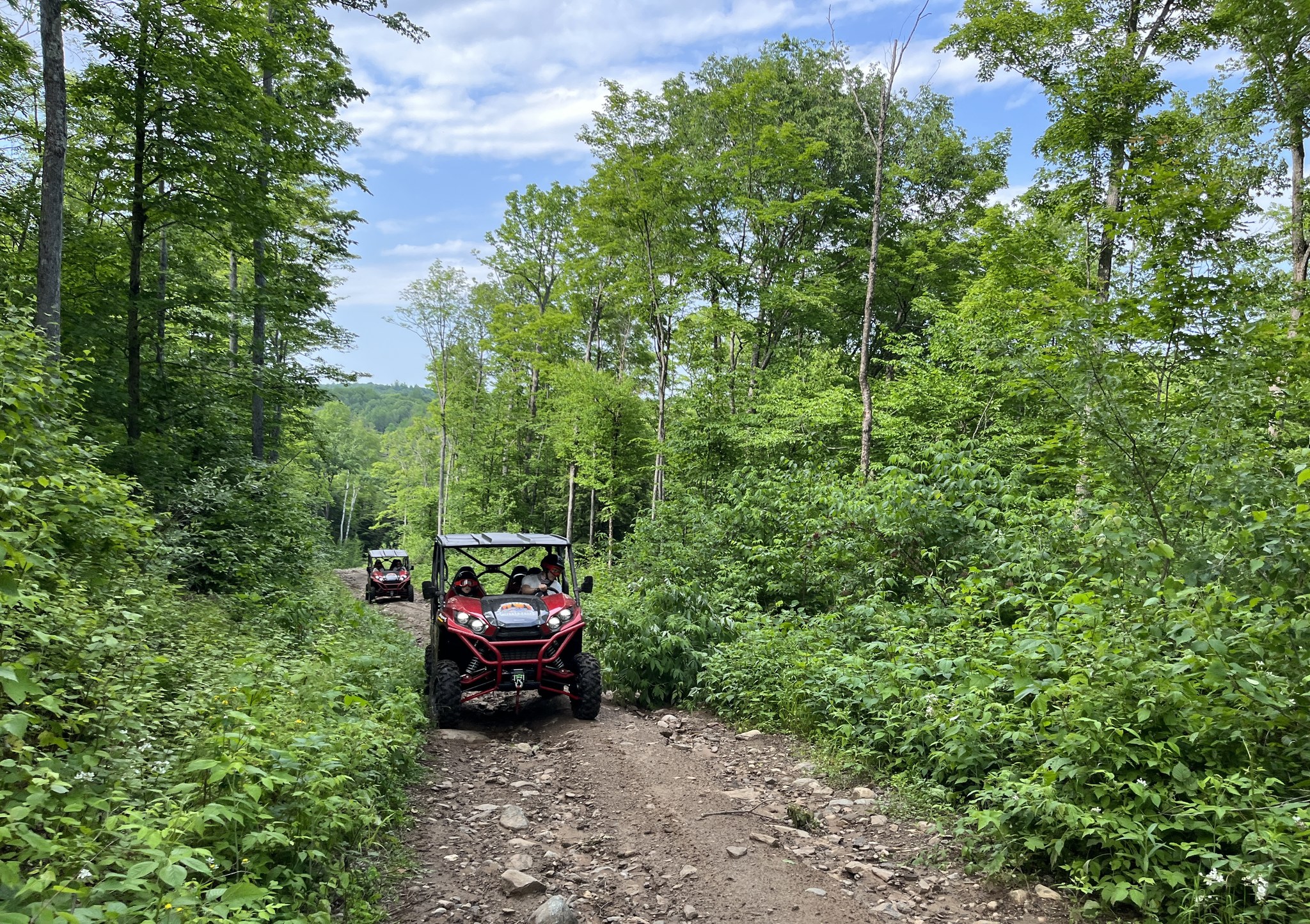 two UTVs drive down a rocky trail through lush green forest on a summer day.