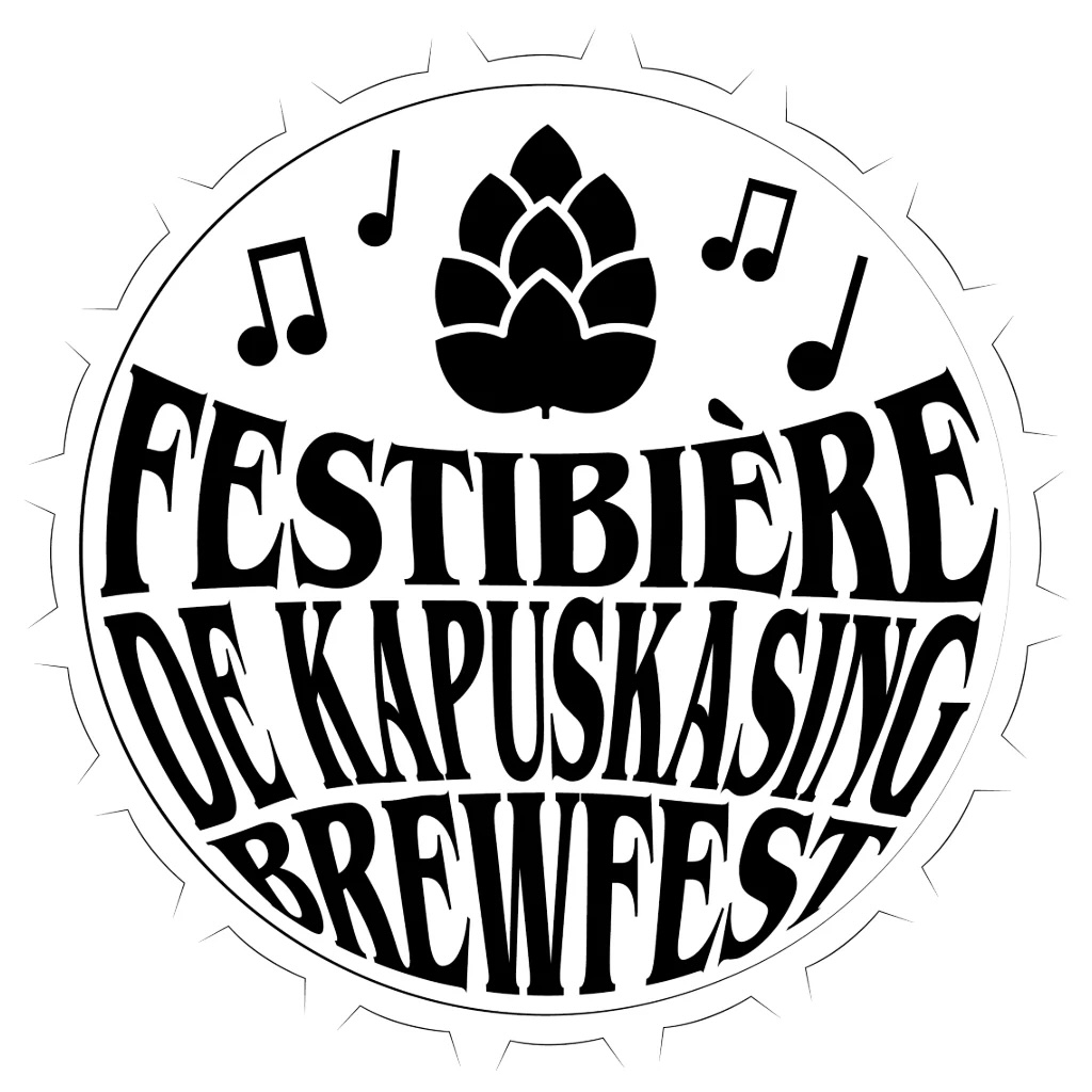 a black and white logo featuring music notes the words "Festibière de Kapuskasing Brewfest"