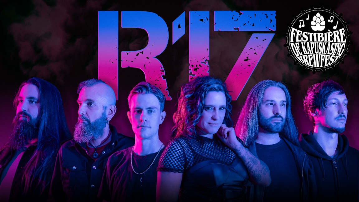 A promotional photo of the 6-person group Règlement 17 under pink and purple lights, with their "R17" logo behind them.
