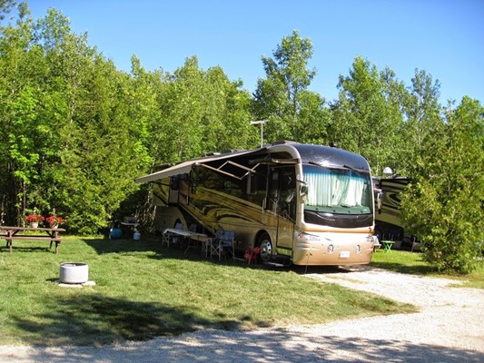 a large RV parked in a tidy paved RV camp site surrounded by thick green forest under a bright blue sky.