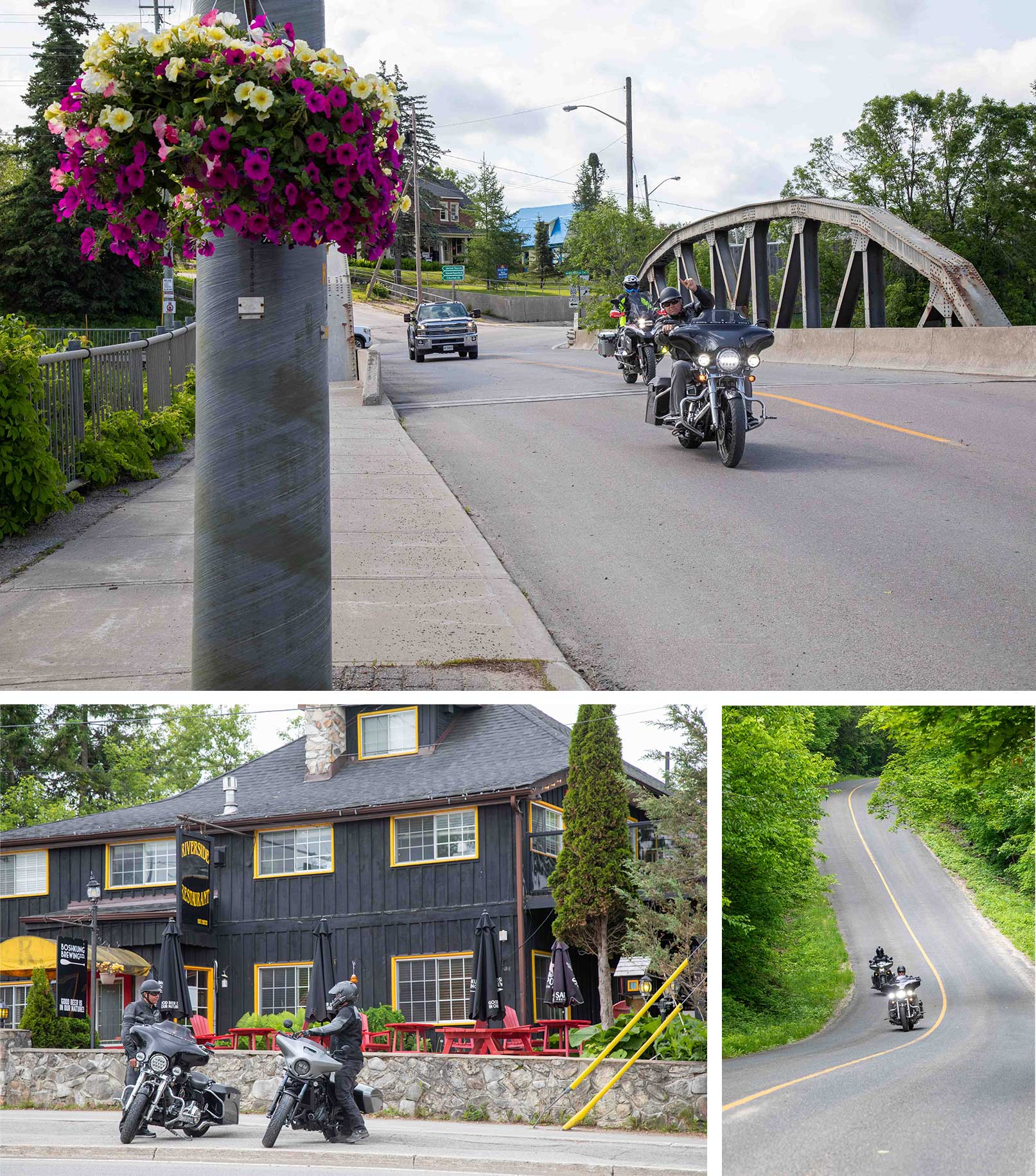 a photo collage of 3 motorcyclists riding through tidy, flower-adorned city streets, winding down forest roads and parked in front of the Riverside Restaurant.