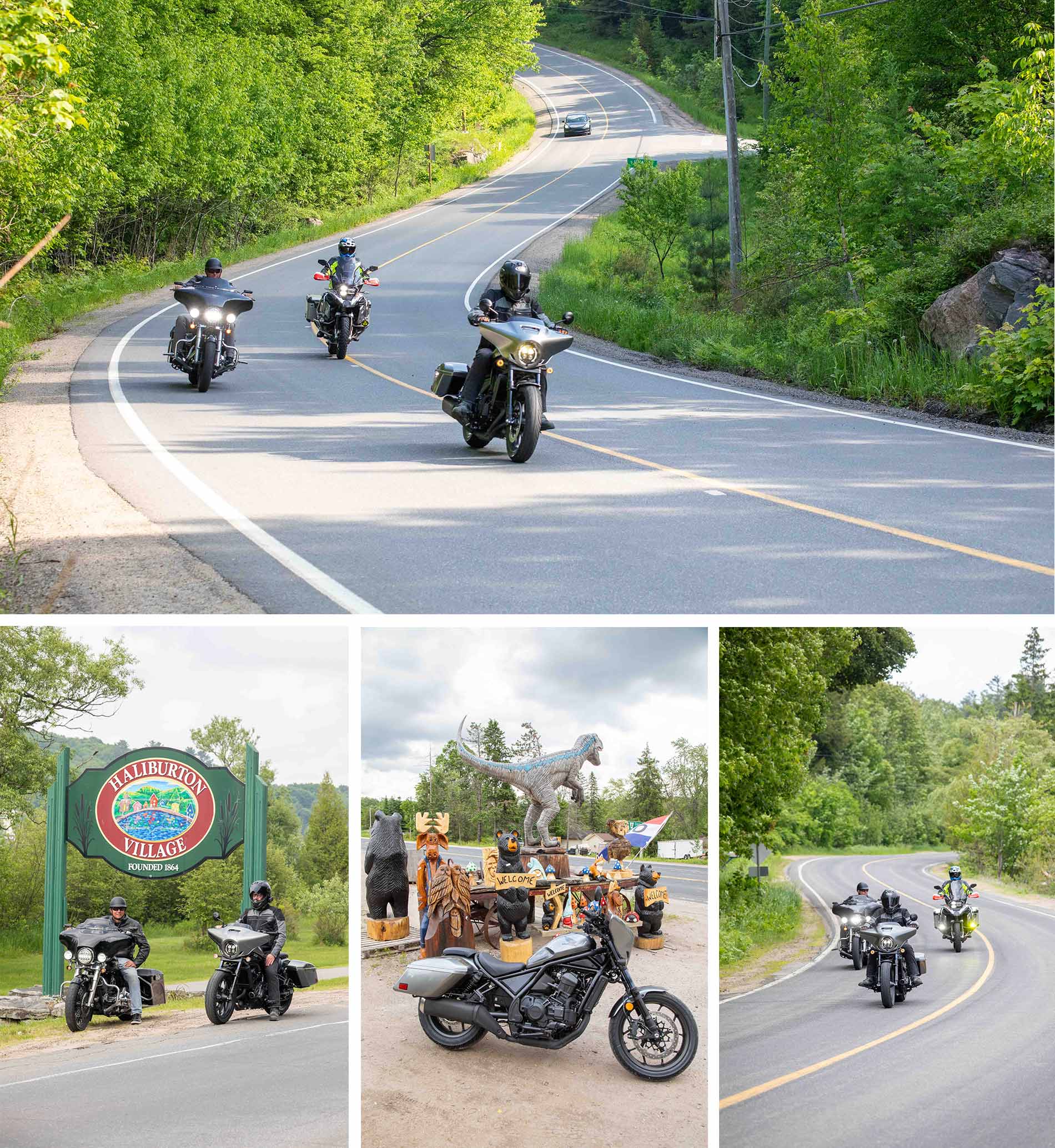a collage of photos showing 3 motorcyclists riding roads with sweeping curves through green forest, and parked in front of a Haliburton Highlands sign.