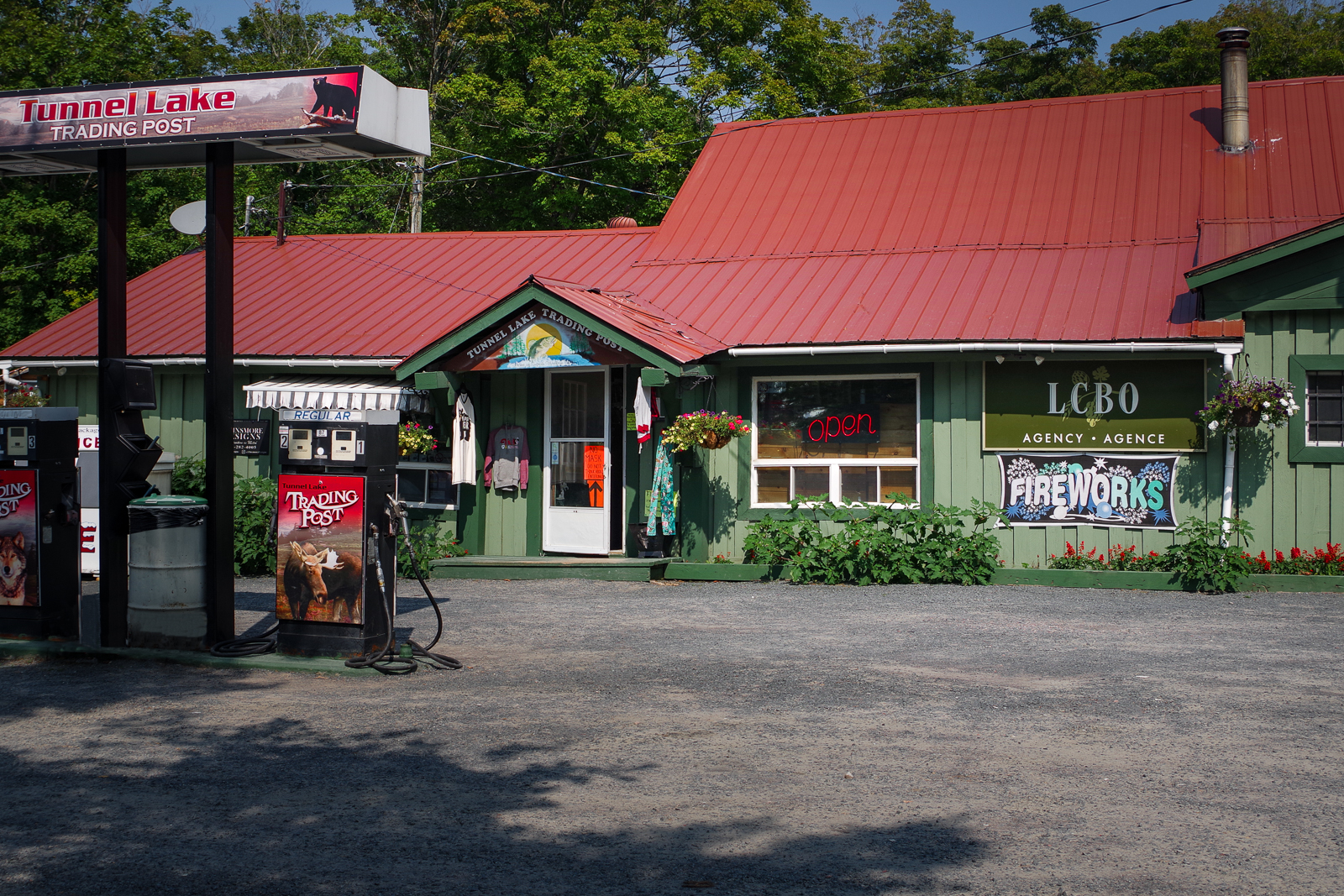 A tidy and humble red-roofed road-side gas station and trading post next to a green forest. The sign above reads "Tunnel Lake Trading Post".