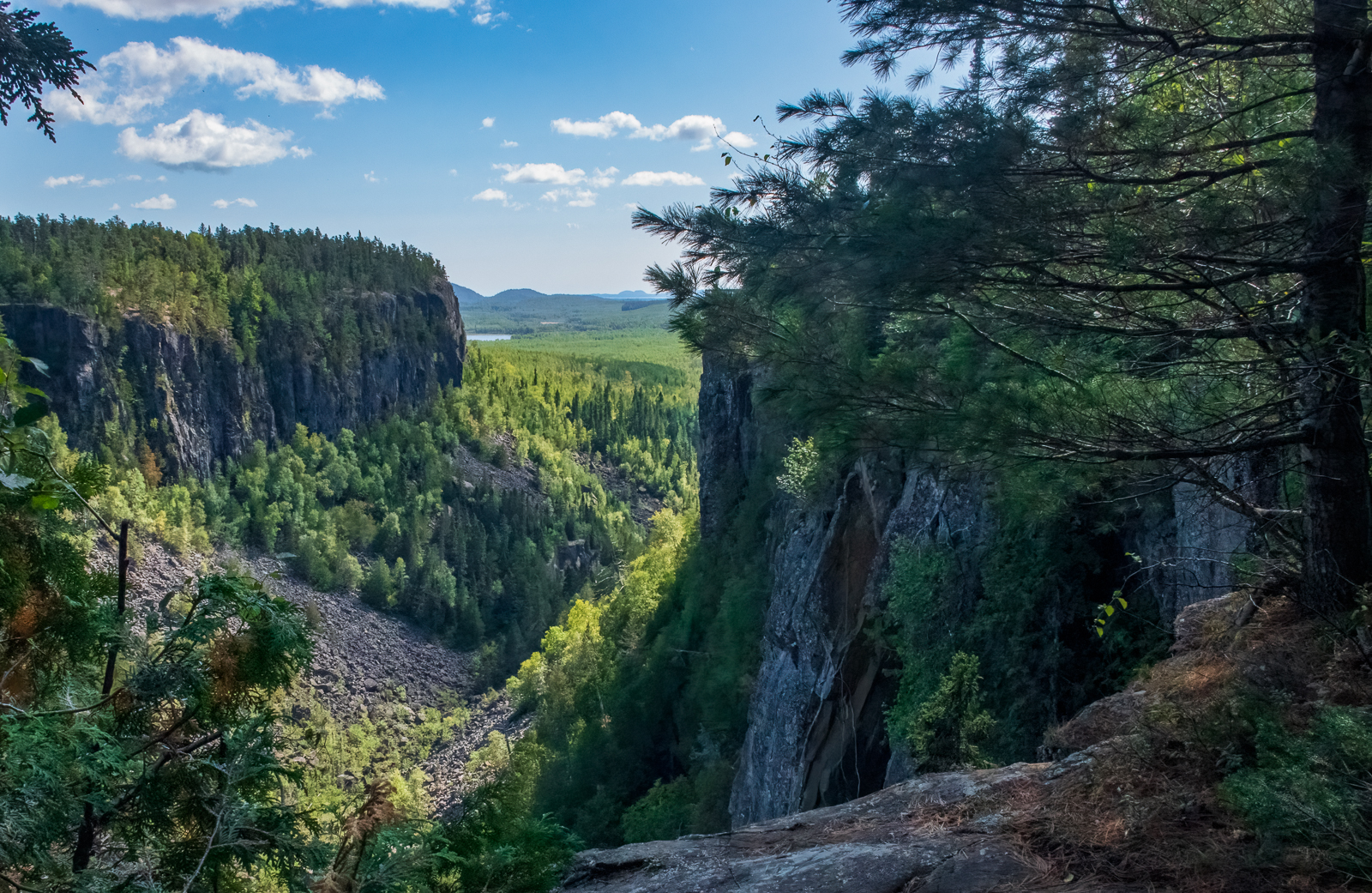 Ouiment Canyon; a plunging rock gorge covered in verdant forest that gives way to a wide green valley beyond.