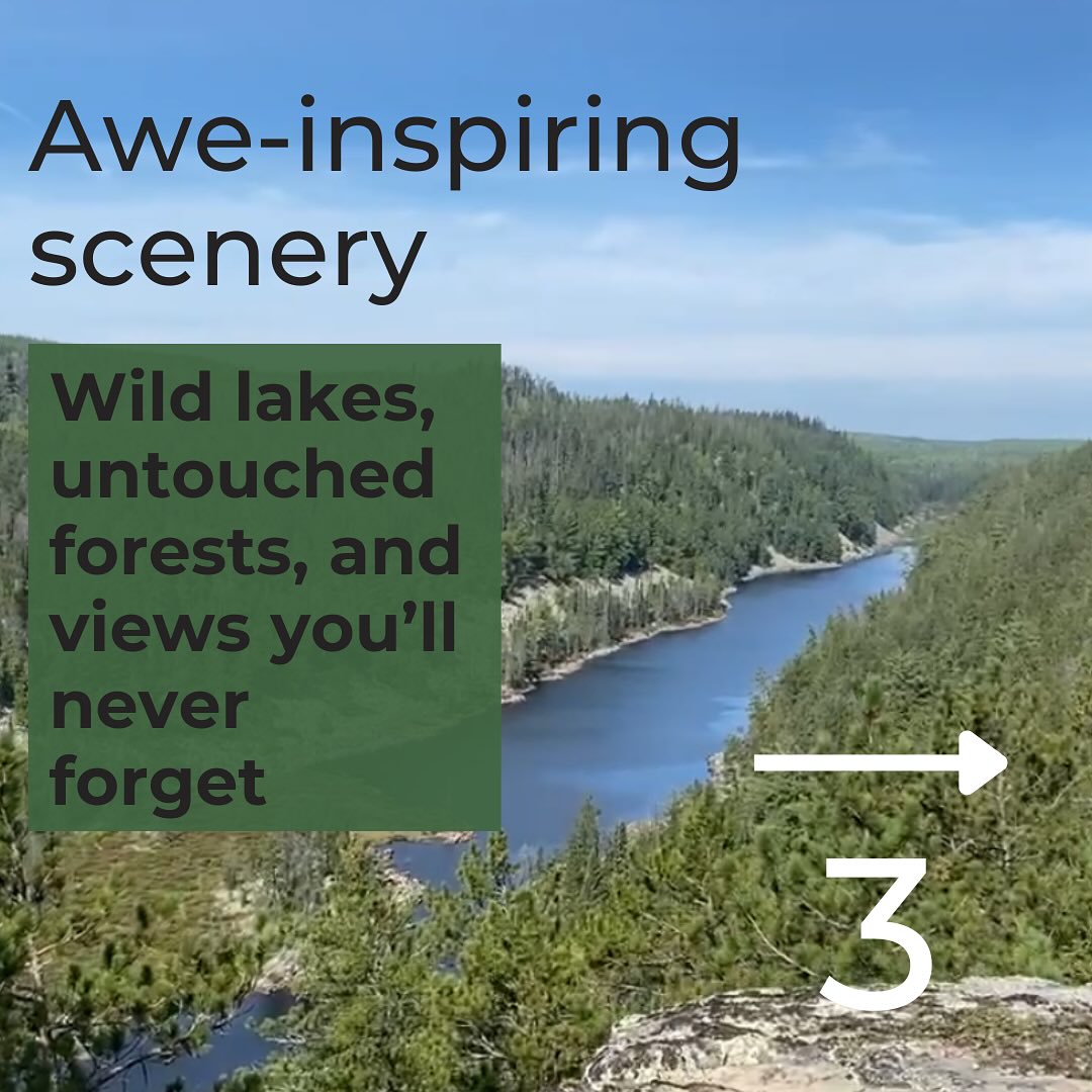 a river flows through thick boreal forest under a clear blue summer sky with the caption "Awe-inspiring scenery: wild lakes, untouched forests, and views you'll never forget".