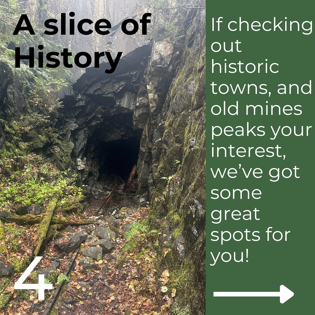 A dark mineshaft at the edge of a mossy cliff shaded by forest with the caption "A slice of history: If checking out historic towns and old mines peaks your interest, we've got some great spots for you!"