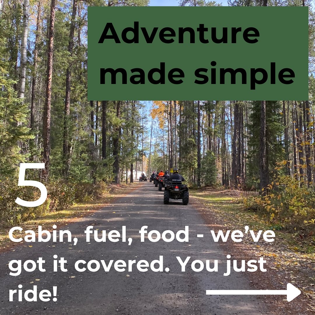 An ATV rolling down a paved forest road with tall autumn trees on either side and the caption "Adventure made simple: Cabin, fuel, food—we've got it covered. You just ride!"