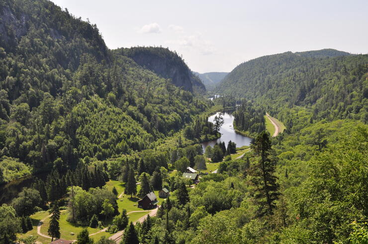 The Agawa Canyon; rolling green forested mountains give way to a lush green valley with a wide shining river snaking through it on a soft golden summer afternoon. 