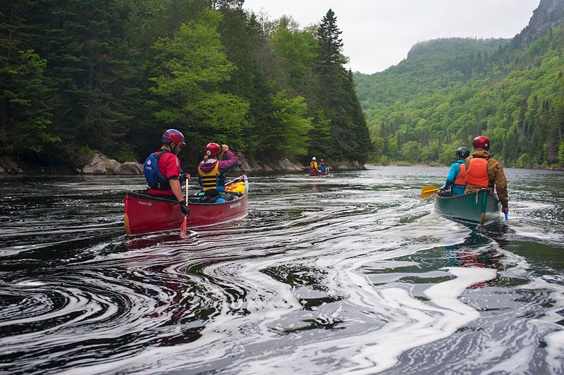 Canoeists paddle through swirling river pools edged by lush, tall forested cliffs under a cool silvery afternoon light. 