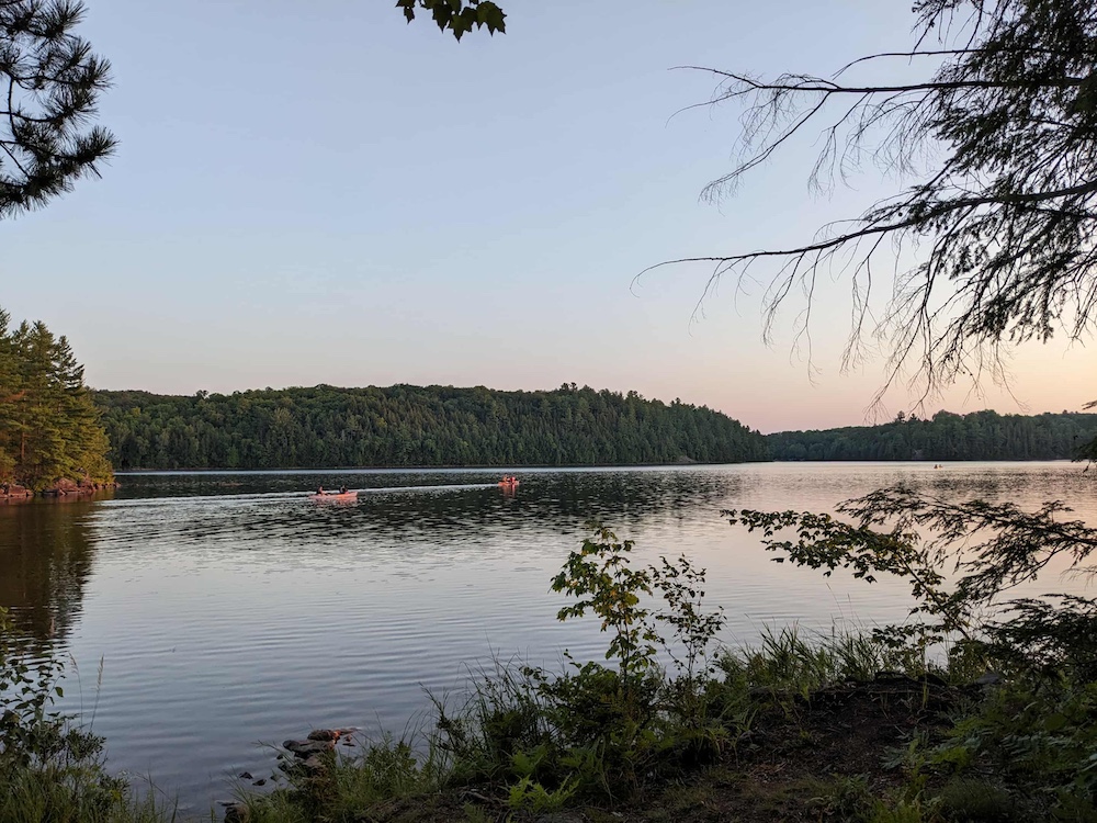 Two red canoes paddling across lake at sunset