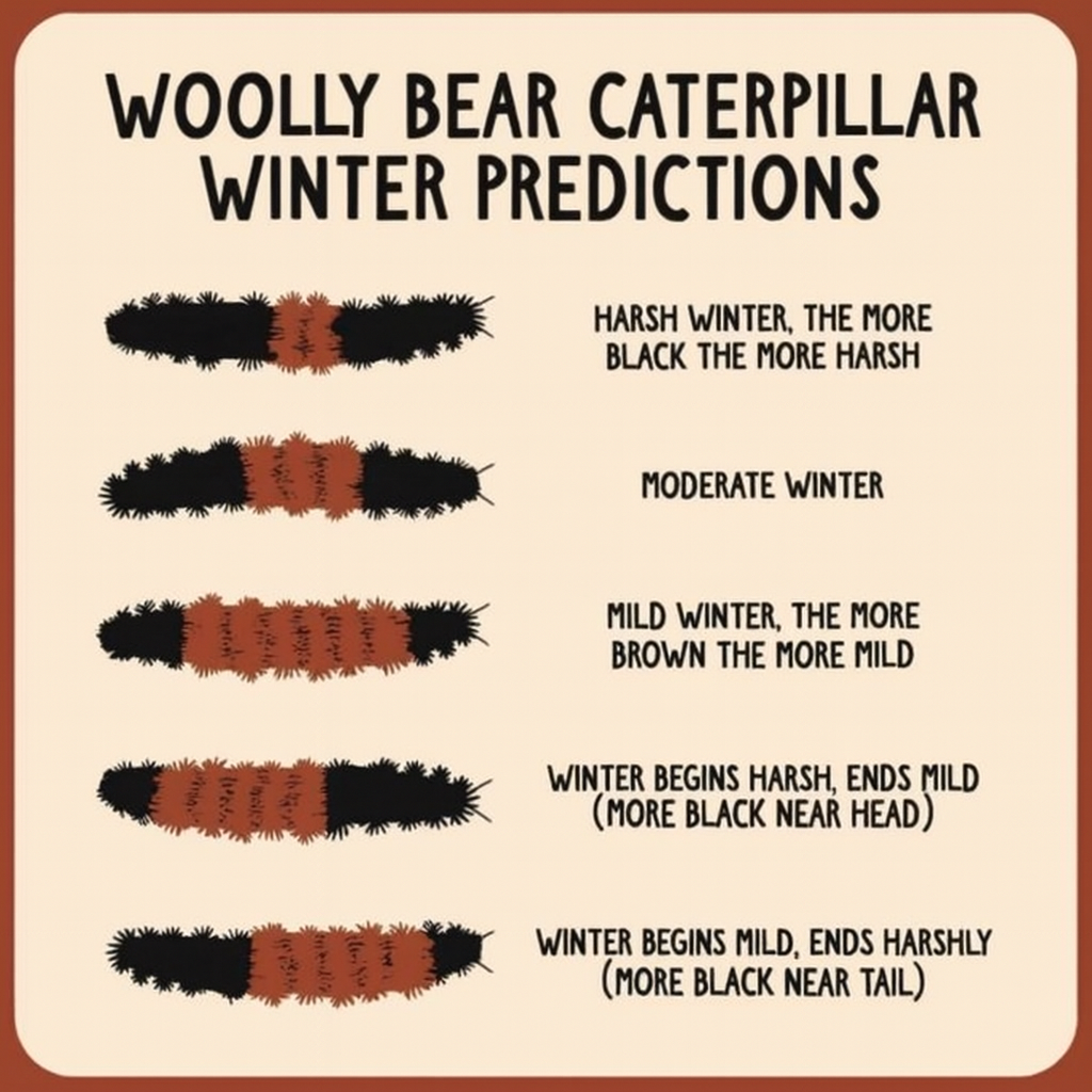 a graphic showing 5 different variations of ratios of brown to black markings on woolly bear caterpillars, with greater proportions of black to brown indicating harsher winters.