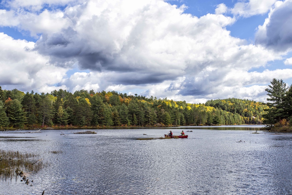 Red canoe on lake with fall colours in trees in background