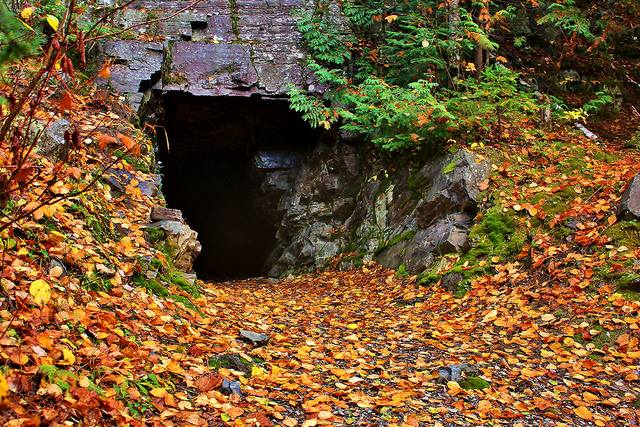 An abandoned mine, little more than a man-sized rock tunnel in the side of a cliff, surrounded by green pines and orange autumn leaves.