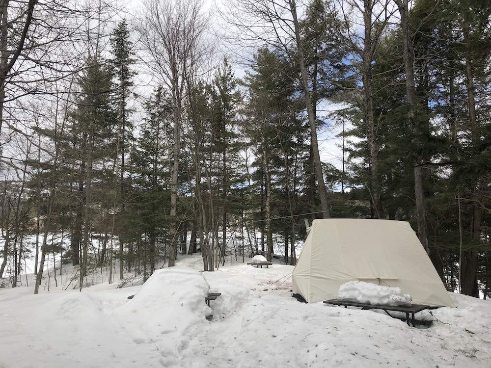 Winter campsite in Killarney with hot tent