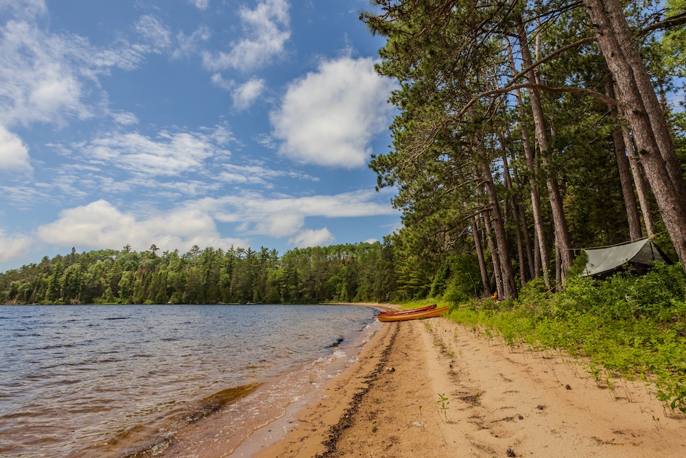 Canoes on beach with bug shelter in trees behind