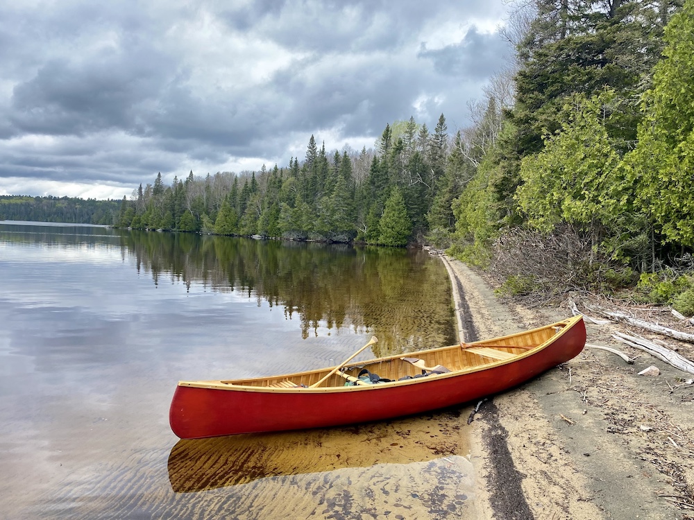 Red canoe sitting on beachy shore