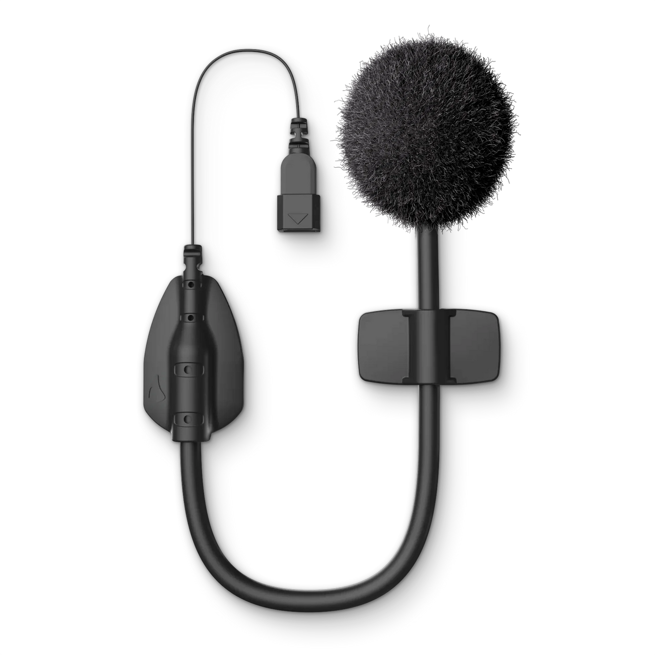A small waterproof helmet microphone in black.
