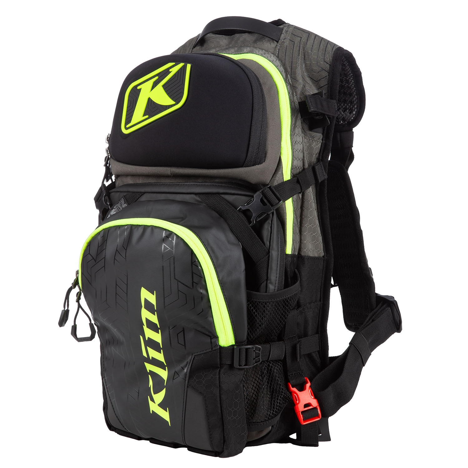 a slim-fitting KLIM utility backpack with external storage pockets in black and green.