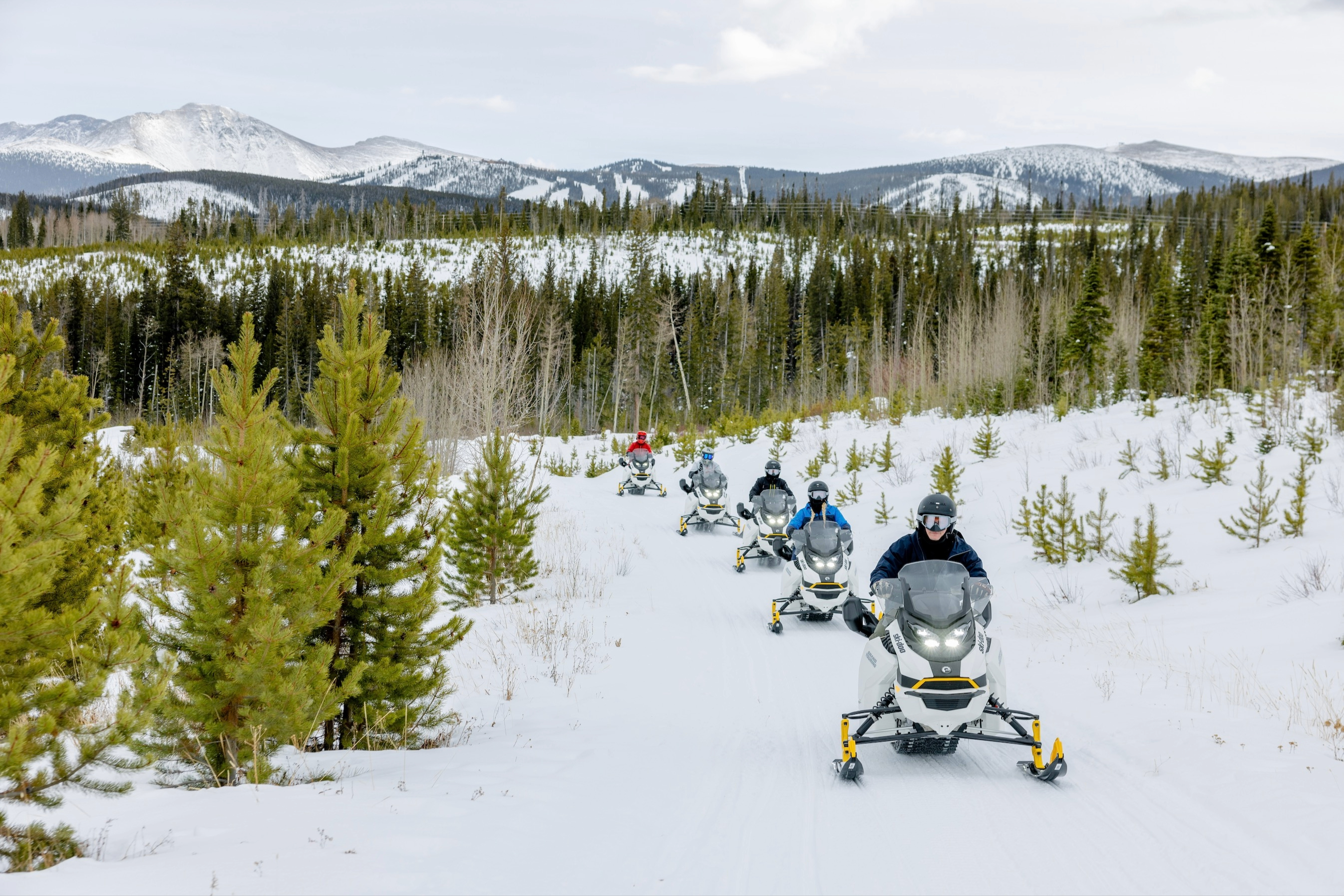 a line of people on electric snowmobiles ride on a trail dotted with bright green pine trees. 