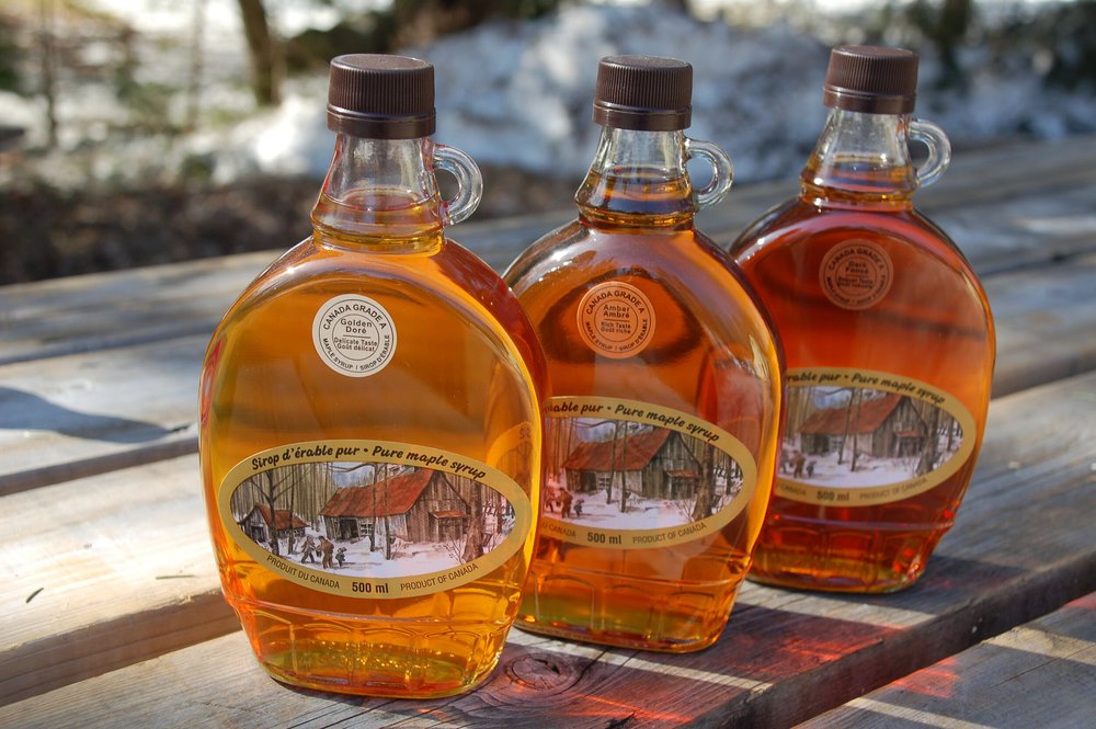 Bottles of Matthews Maple syrup from North Bay, Ontario.