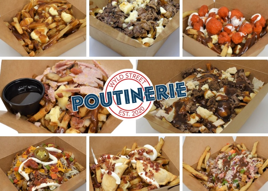a collage of several different extravagent poutine dishes from Wyld Poutinerie North Bay.