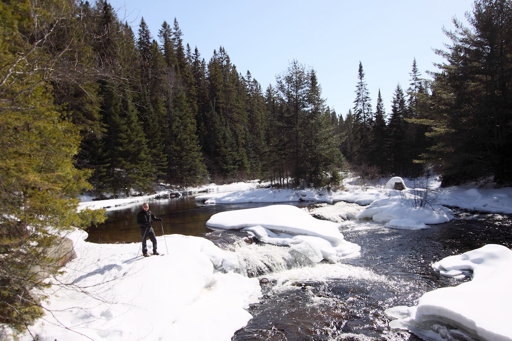 Person snowshoeing next to river in the wintertime