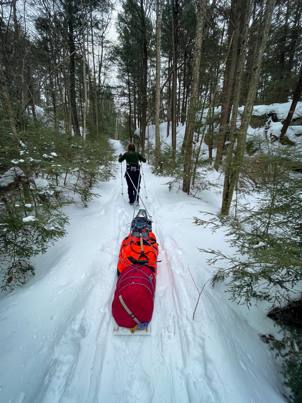Person pulling loaded sled up a hill in the woods