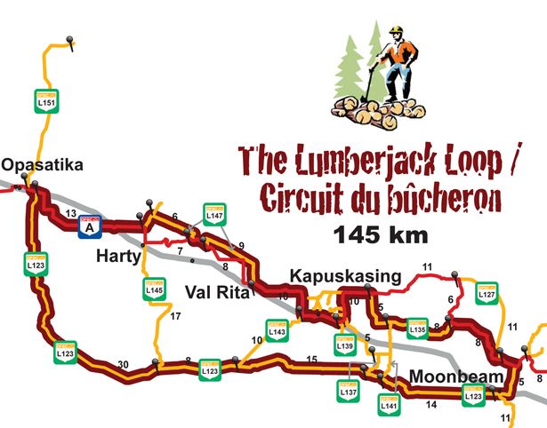 a trail map of the Lumberjack Loop snowmobile route in Northeastern Ontario.
