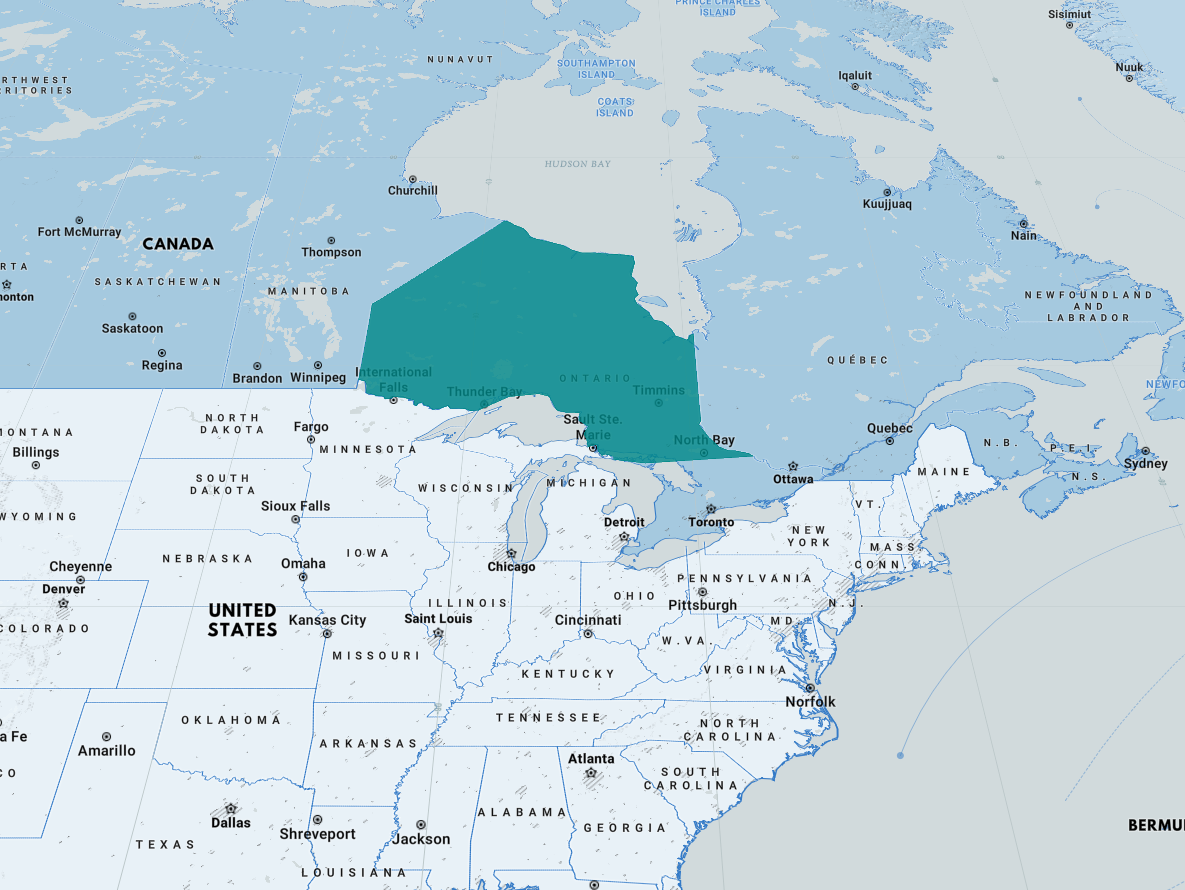 Map of Northern Ontario, Canada.