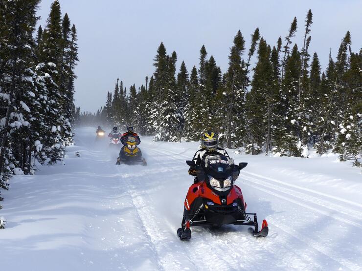 snowmobilers ride down a wide forested trail in Northeastern Ontario.