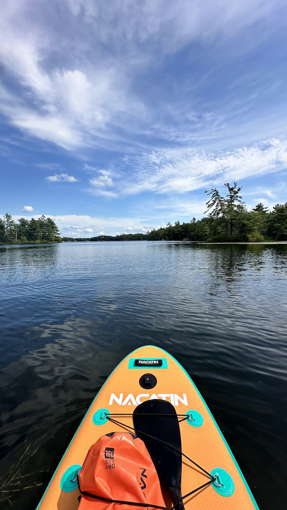Front of paddleboard on a lake