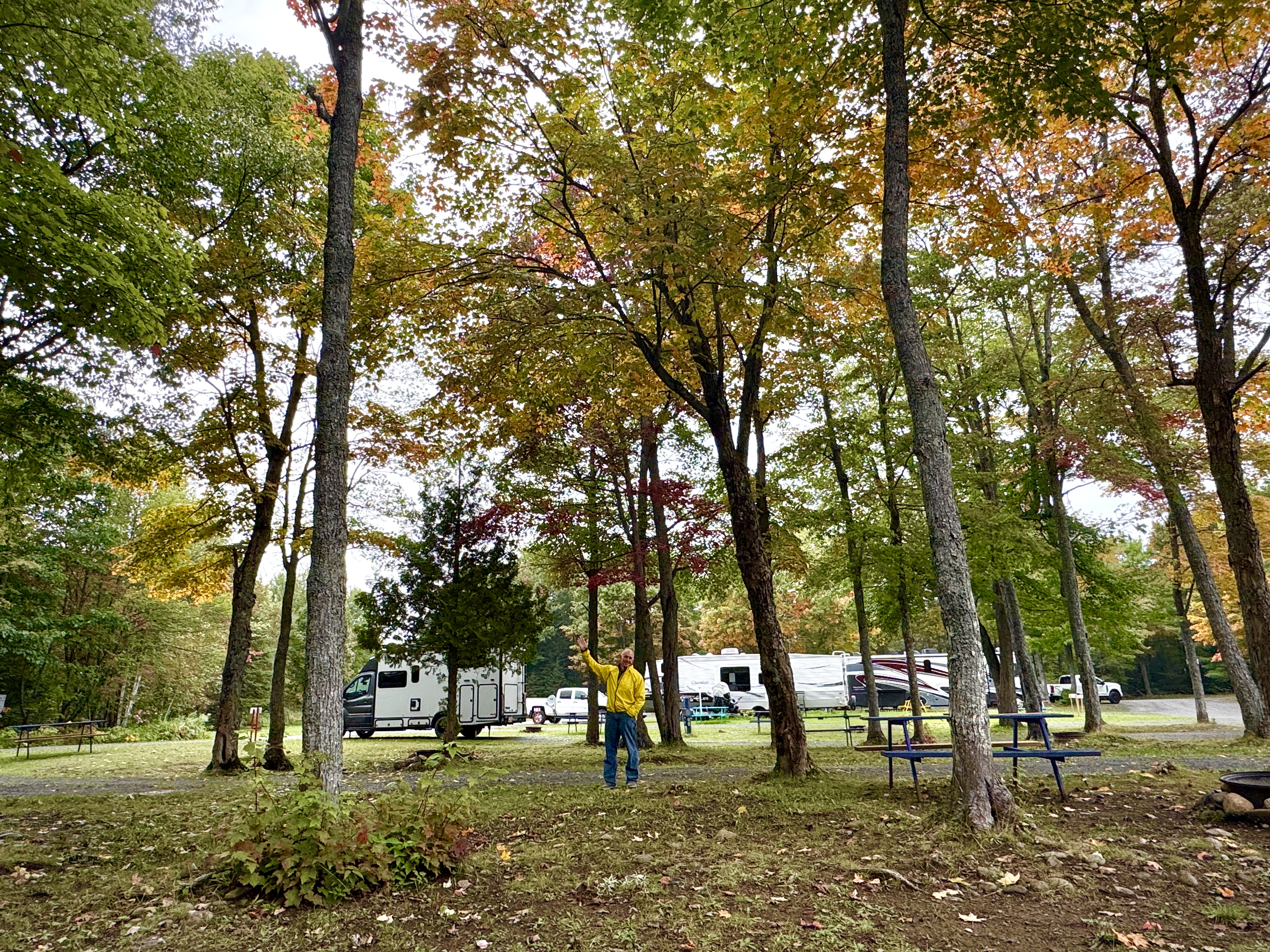 a person standing at a grassy, treed campsite with RVs in the background at Glenview Cottages & Campground, Ontario. 