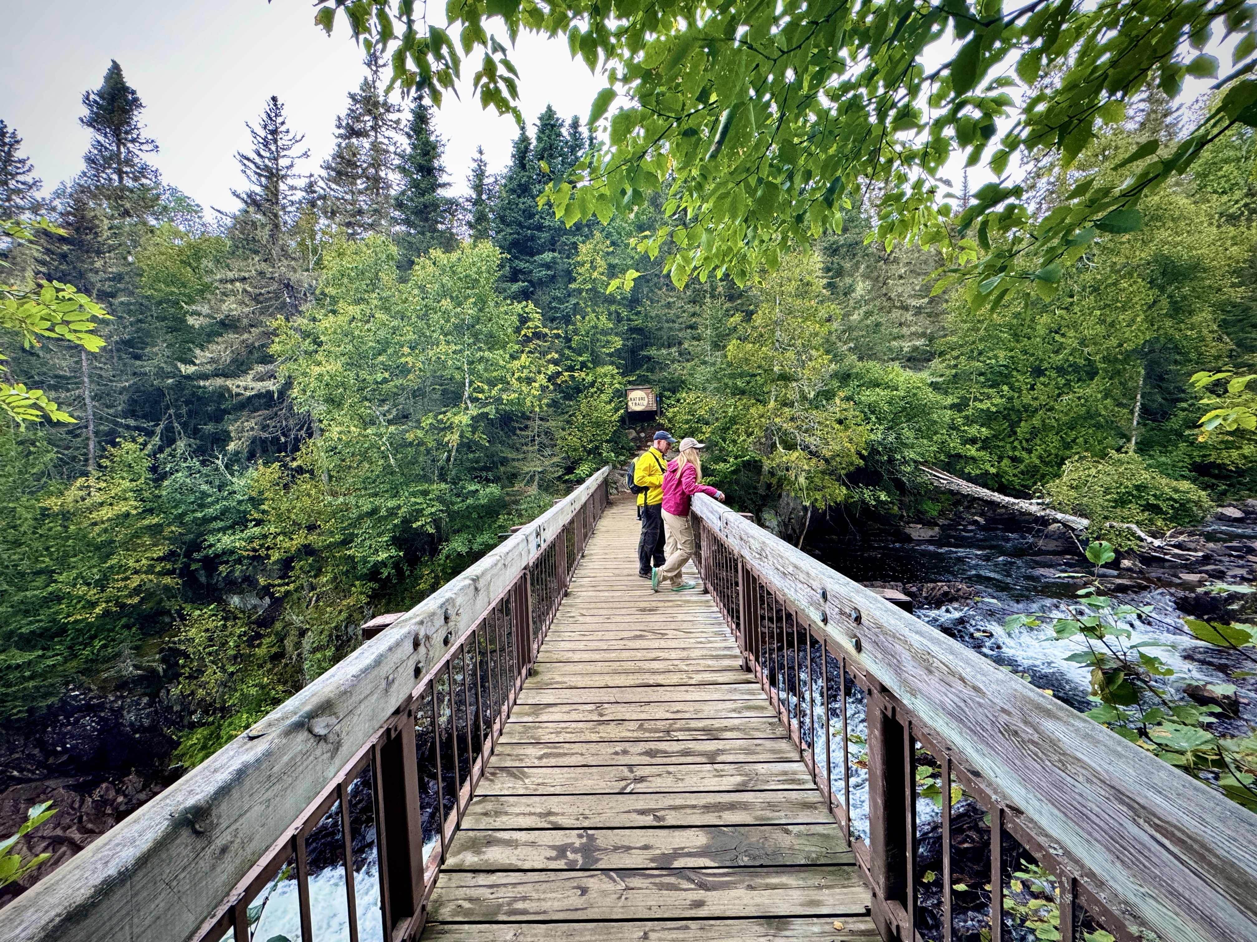 a man and woman standing on a wooden bridge crossing Rainbow Falls to the thickly forested bank on the other side. 