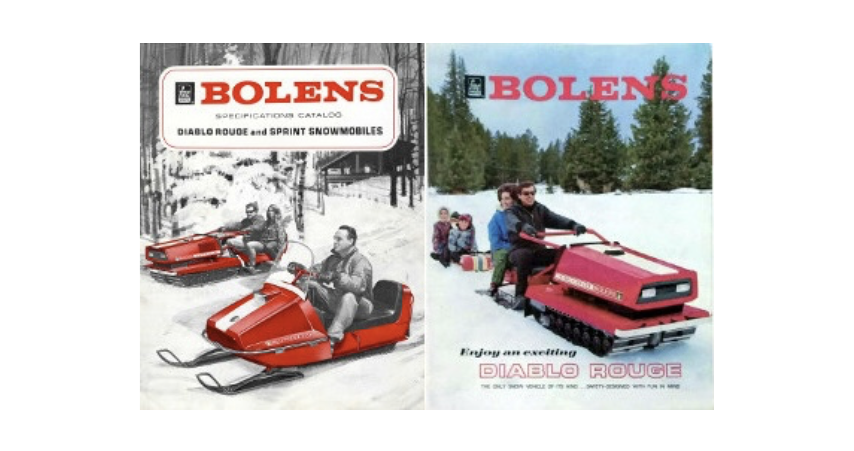 a Bolens flyer showing a colourful drawing of the Diablo Rouge, a flat-nosed but still aerodynamic, low-riding snowmobile. 