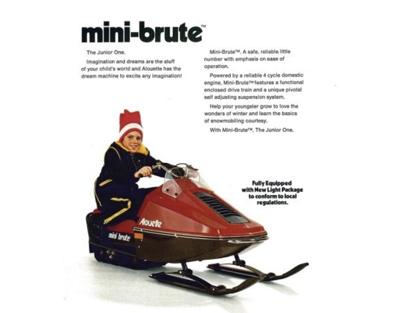 a smiling child in a red toque rides a 1972 Alouette Mini-Brute, a short, light red snowmobile designed for small riders. 