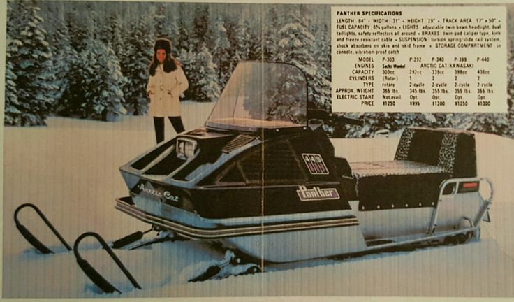 a retro Artic Cat Panther on powder snow while a woman stands smiling in front of snowy trees in the background. A list of stats on the machine are listed in a box above. 