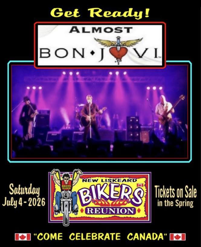 A flyer advertising the musical group Almost Bon Jovi playing July 4, 2026 at the Bikers Reunion.