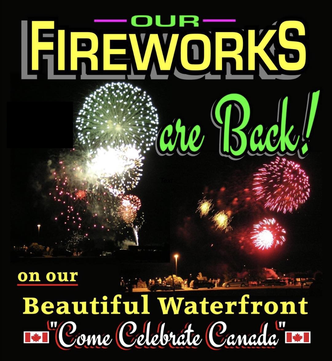 A flyer showing blasts of fireworks, inviting visitors to come to the New Liskeard Waterfront to celebrate Canada. 
