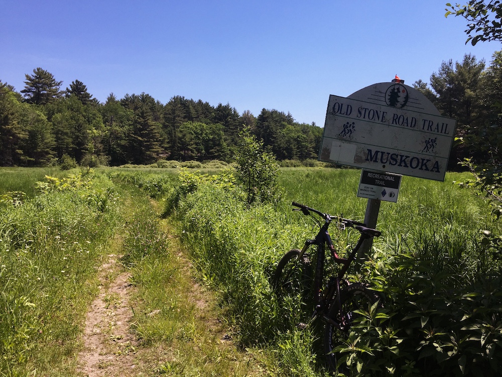 Mountain bike leaning up against sign at the edge of a field with a rough trail cut through it