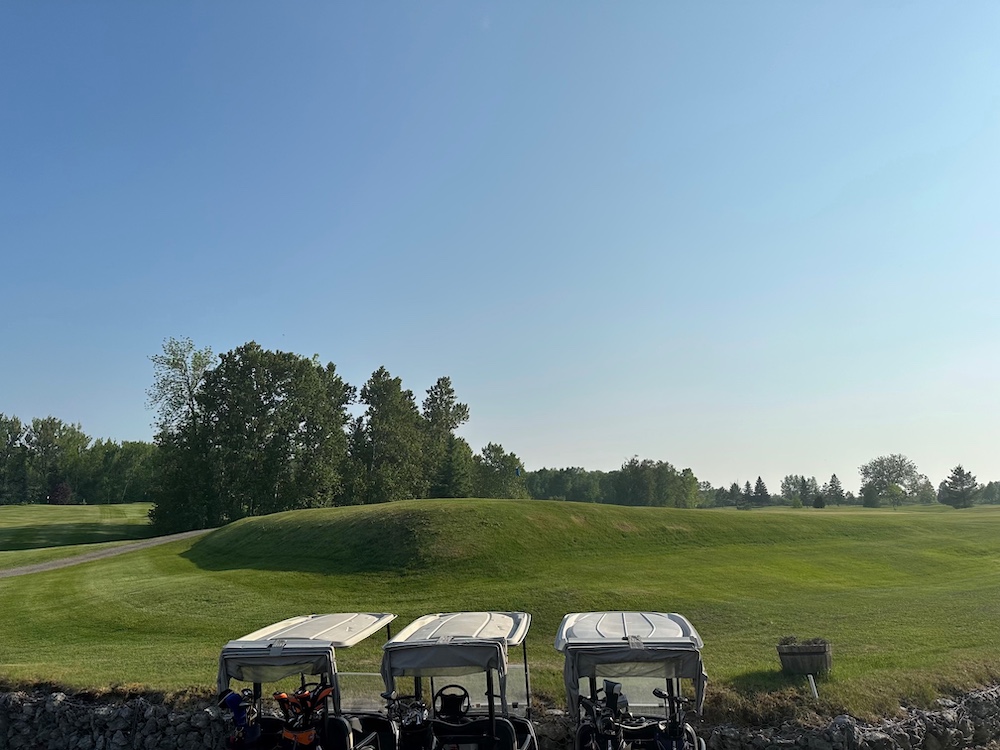 Golf carts sitting beside a green