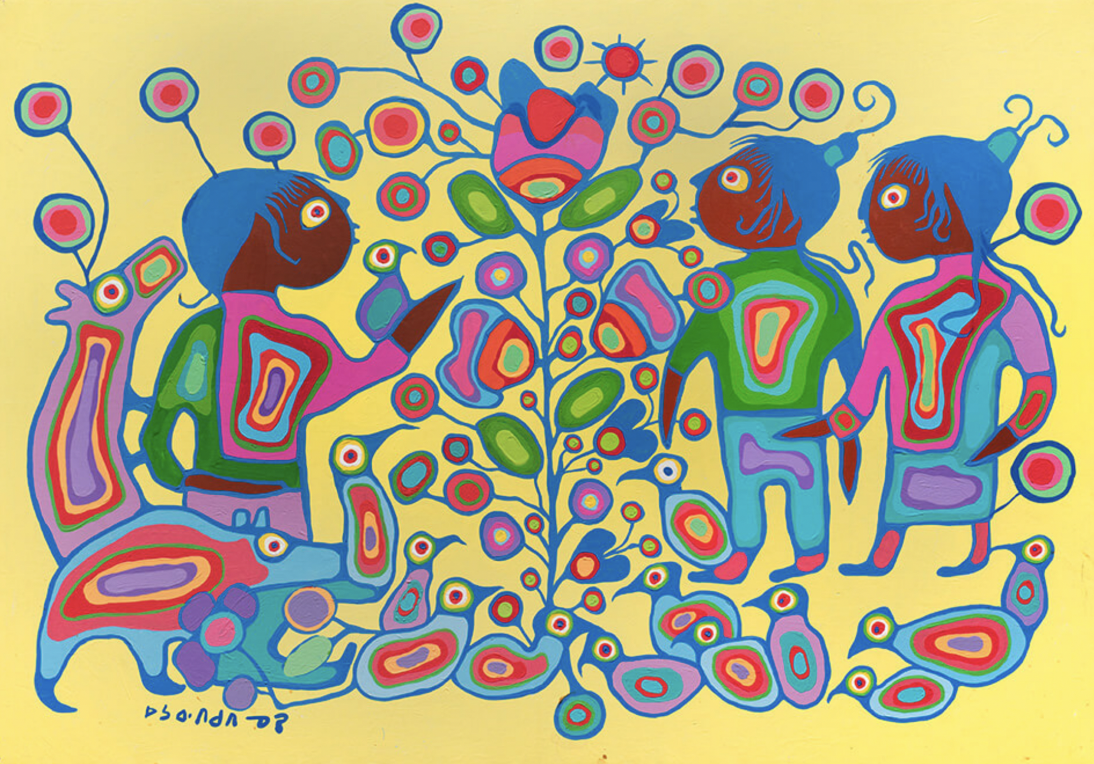 Norval Morrisseau, Children with Tree of Life, ca. 1980–85, acrylic on canvas, 132.7 x 189.2 cm, Gift of Mr. Nicholas John Pustina, Mr. Robert Edward Zelinski, and Mr. Kenny Alwyn Whent, 1985 - Art Gallery of Hamilton