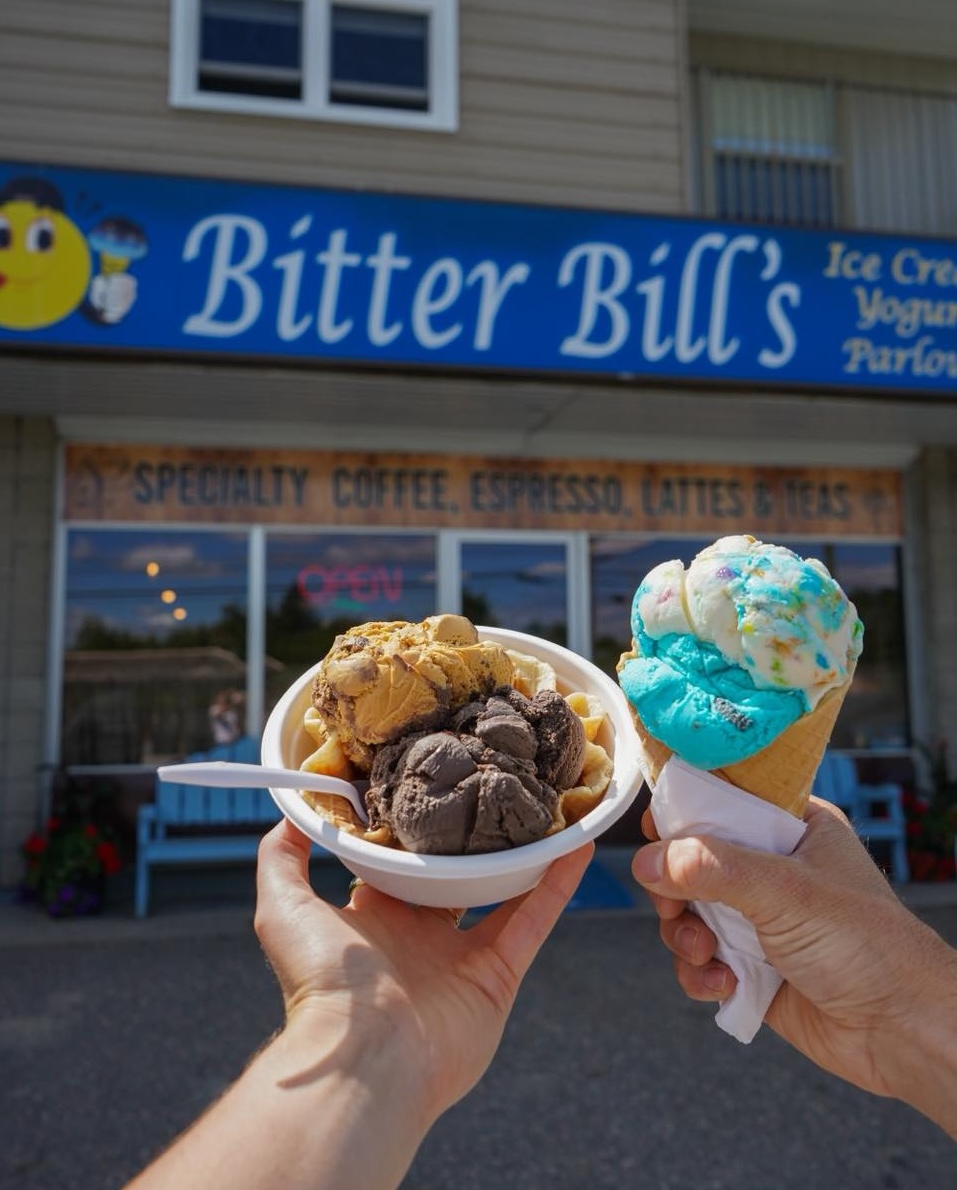 two hands hold up servings of ice cream in front of a brown shop building bearing the sign "Bitter Bill's" 
