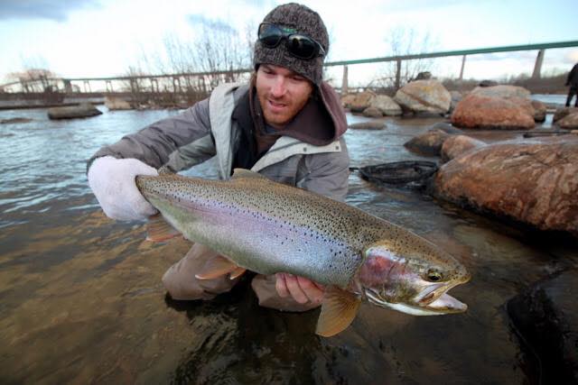 a fishing guide holds a large fish as he steps out of the water of the St. Marys rapids on a spring day. 