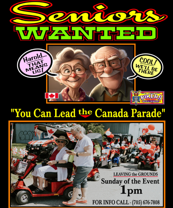 a flyer inviting seniors in New Liskeard to lead the parade at the New Liskeard Bikers Reunion, featuring to cartoon seniors with the heading "Seniors wanted".