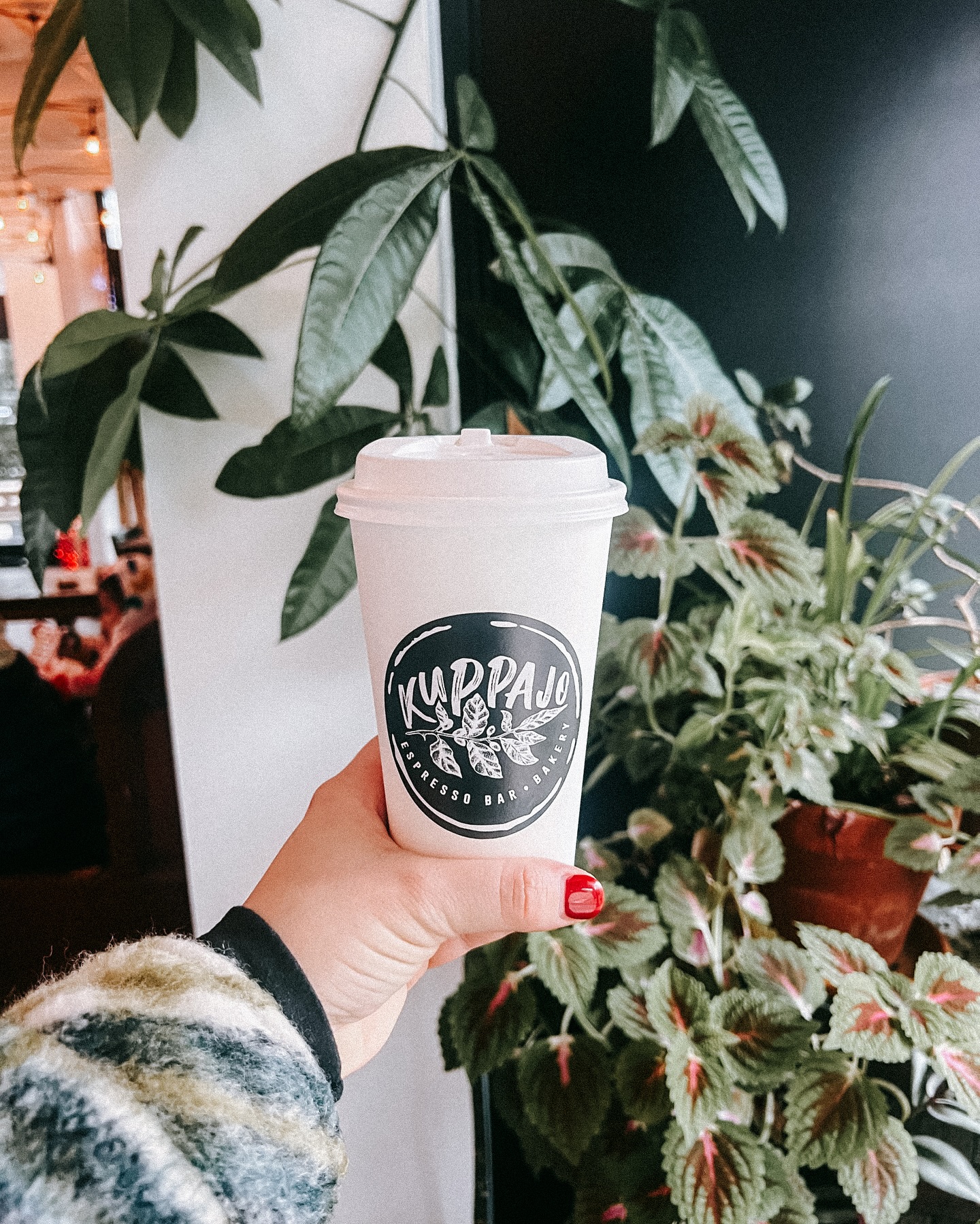 Coffee cup in front of plants