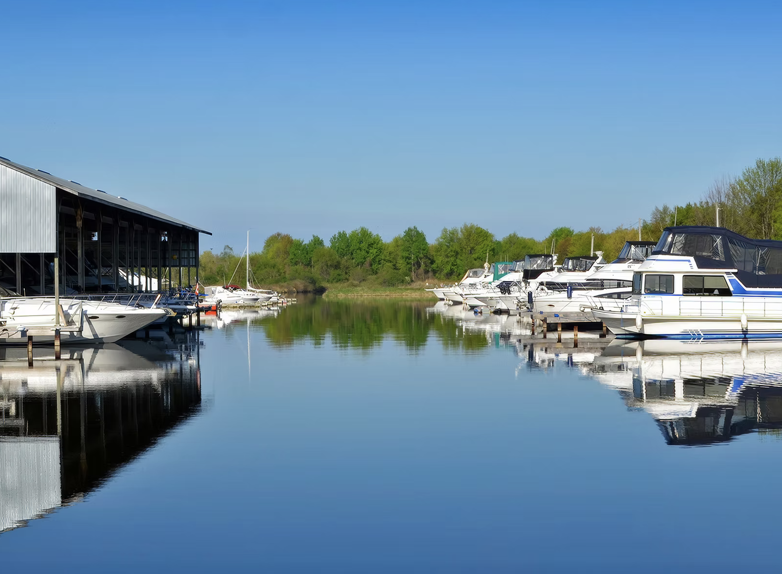 glassy water mirrors the vivid blue sky a bright green forest around the calm Everglades Marina, its slips filled with small boats.