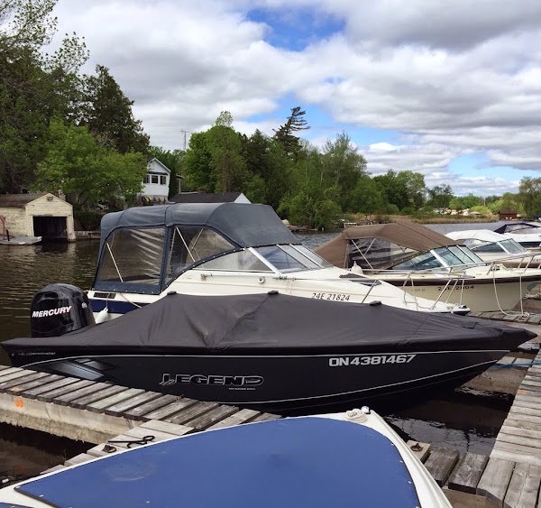 boats along the wooden docks and forested shore at Coves of Keswick Marina on a summer day. 